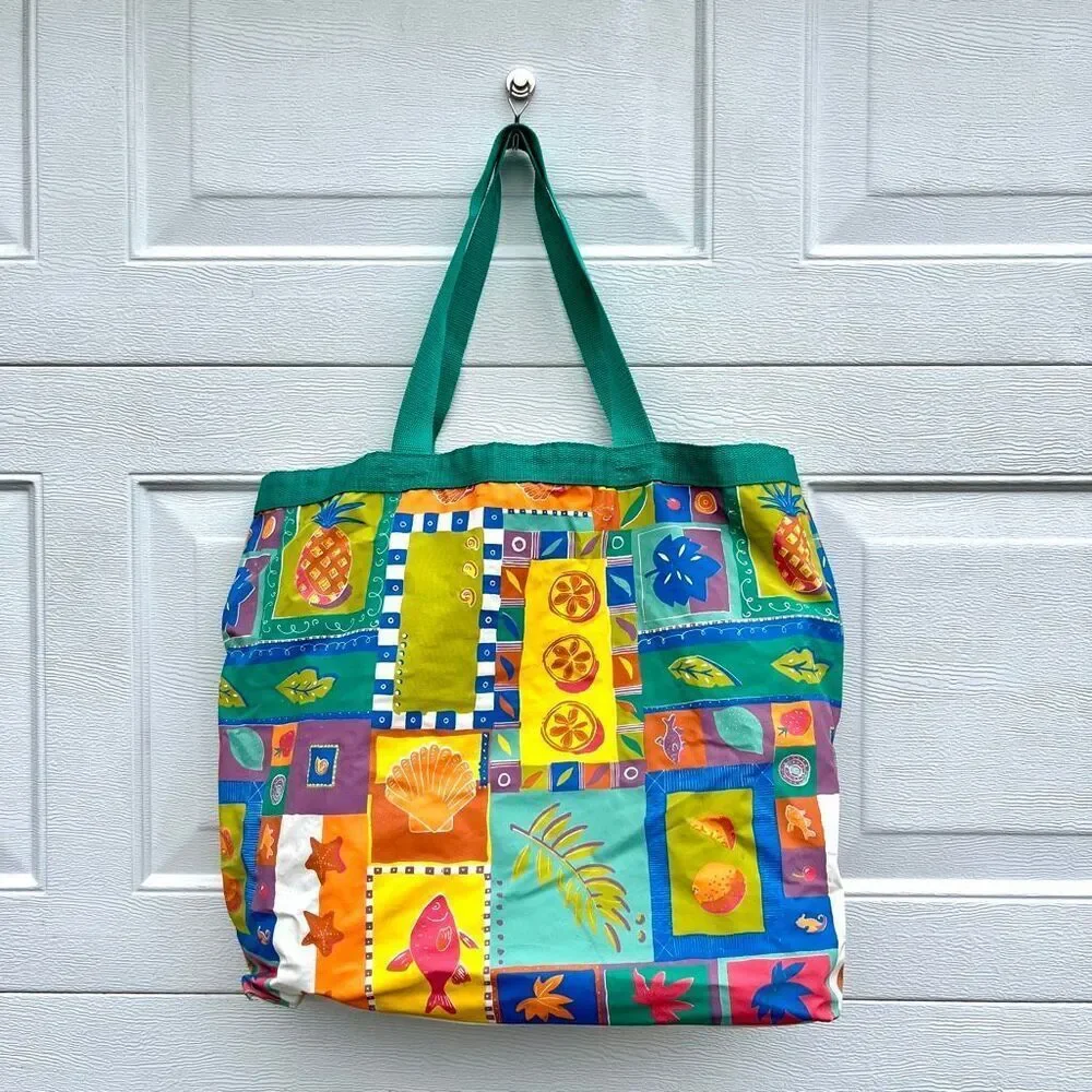 VTG 90s Tropical Vinyl Beach Tote Bag Poolside Coastal Grandma